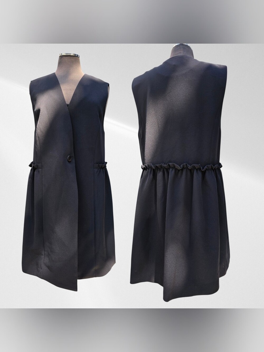 Sleeveless V-Neck Drawstring Waist Coat Dress - Black